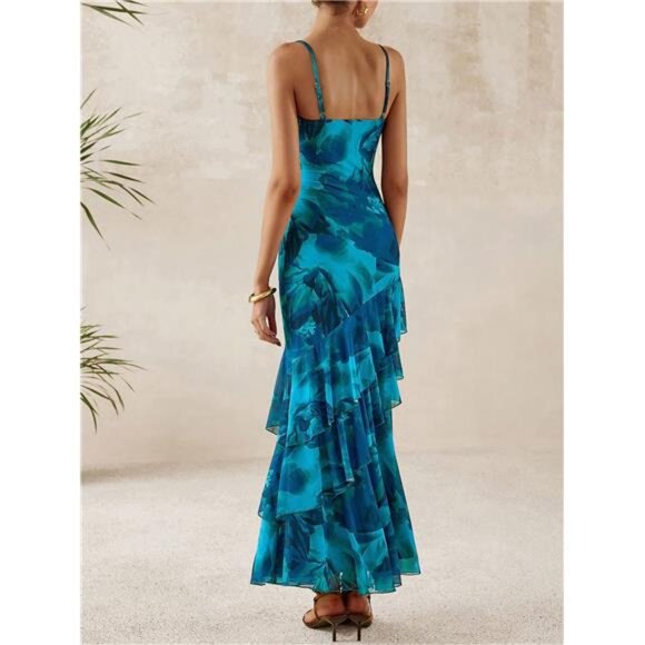 NEW - Women's Long Dress Summer Ruffled Layered Floral Sundress With Thin Straps - Picture 2 of 7